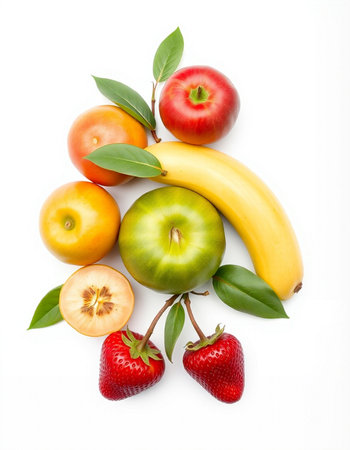 Fresh fruits isolated on white background. Healthy food concept. Top view.