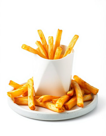 French fries in a white bowl on a white background, isolated.の写真素材