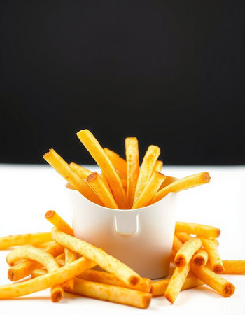 French fries in a bowl on a white and black background. Selective focus