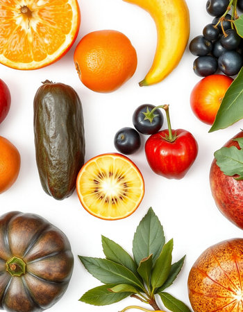 Fruits and vegetables isolated on white background. Top view. Flat lay patternの写真素材