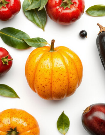 Flat lay composition with ripe fruits on white background, top viewの写真素材