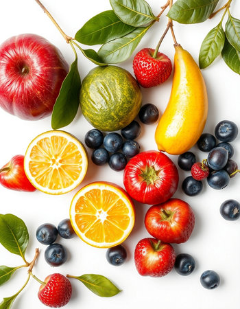 Fruits and berries on a white background. Flat lay, top view