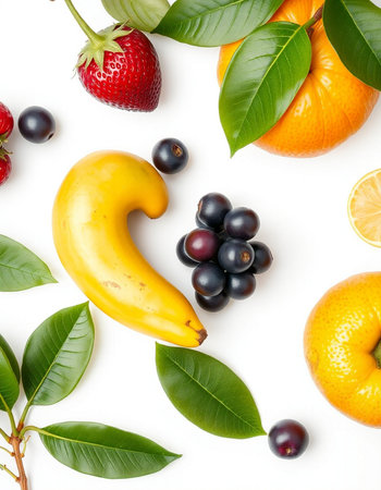 Fruits and berries isolated on white background. Flat lay, top view