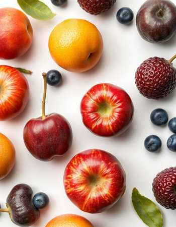 Fruits on a white background, top view, flat lay.