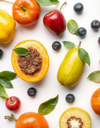 Fruits and vegetables on white background, top view. Healthy foodの写真素材