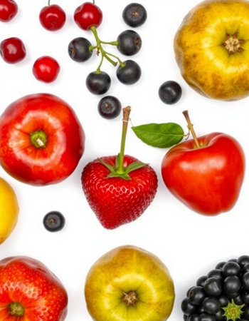 Fruits and berries on white background. Top view. Flat lay.