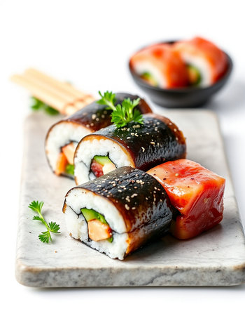 Sushi roll with salmon, cheese and cucumber on a white backgroundの写真素材
