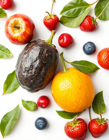 Fruits and berries isolated on white background. Flat lay, top view
