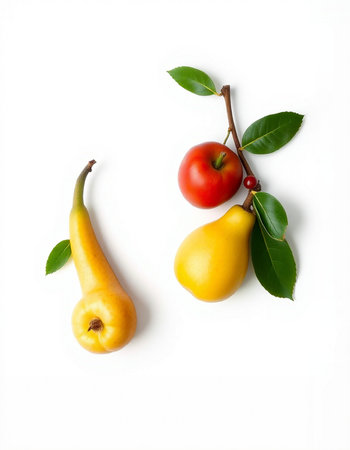 Yellow pear and red apple with green leaves isolated on white background.