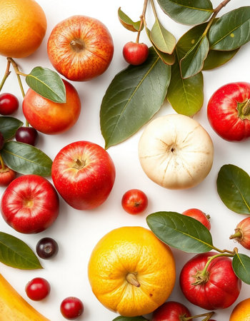 Fruits and vegetables isolated on white background. Flat lay, top viewの写真素材