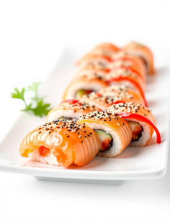 Japanese Cuisine - Sushi Roll with Salmon, Cream Cheese and Raw Salmon inside. Nori outsideの写真素材