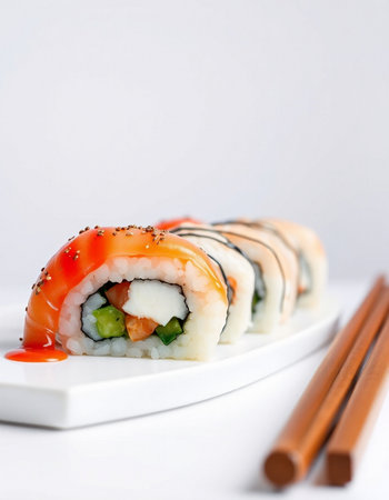 Sushi roll with salmon, avocado, cucumber and cream cheese