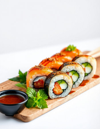 Sushi roll with salmon, cream cheese and cucumber on wooden board