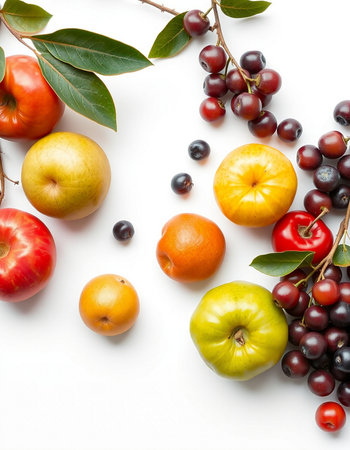 Fruits and vegetables on a white background. Flat lay, top view