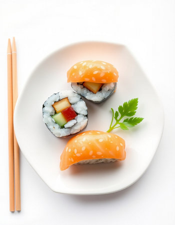Sushi roll on white plate with chopsticks, isolated on white backgroundの写真素材