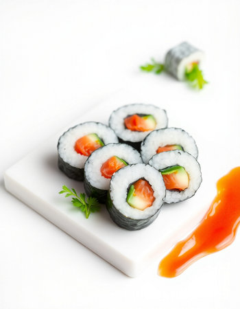 Sushi rolls with salmon and cucumber on a white background.の写真素材