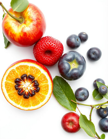 Fruits and berries isolated on a white background. Healthy food.
