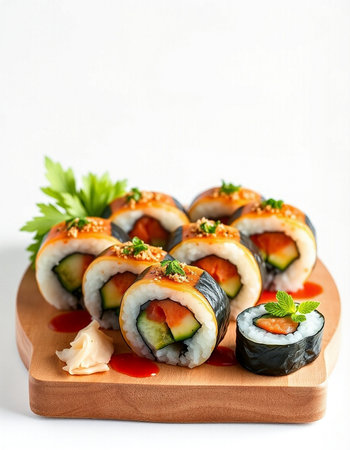 Sushi rolls with salmon, avocado, cucumber and cream cheeseの写真素材