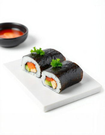 Japanese Cuisine - Sushi Roll with Shrimps, Cream Cheese and Raw Salmon inside. Nori outsideの写真素材