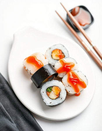 Sushi rolls on a white plate with chopsticks and soy sauceの写真素材