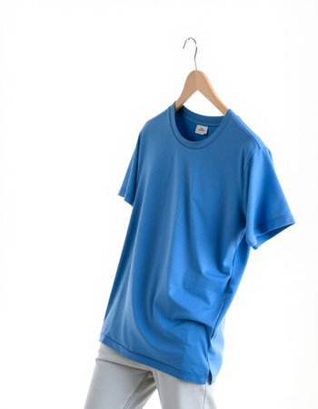 Blue t-shirt on wooden hanger, isolated on white backgroundの写真素材