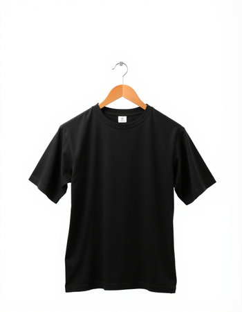 Black t-shirt on a hanger isolated on white background.の写真素材