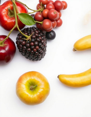 Fruits and vegetables on a white background. View from above.の写真素材