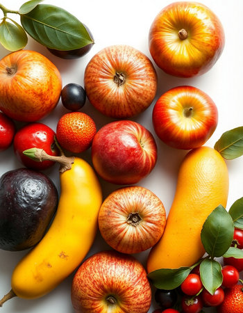 Fresh fruits and vegetables on a white background. Healthy food concept.