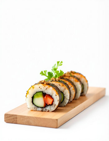 Sushi roll with salmon and cucumber on wooden board isolated on white backgroundの写真素材