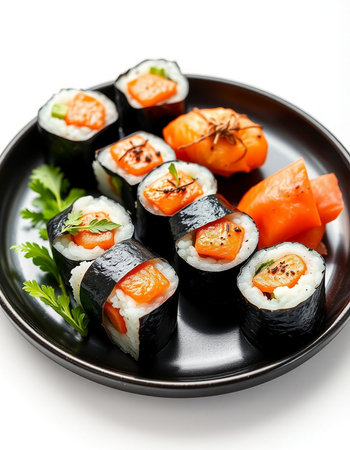 Japanese Cuisine - Sushi Roll with Salmon, Cream Cheese and Raw Salmon inside. Served on Black Round Plate Isolated on White Backgroundの写真素材