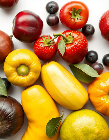 variety of fresh fruits and vegetables on white background, top viewの写真素材