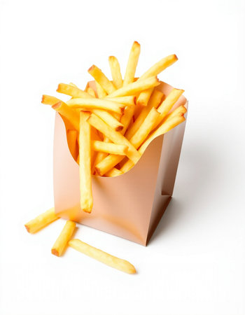 French fries in paper bag isolated on white background. Fast food.