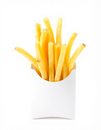 French fries in a white box on a white background. Isolated