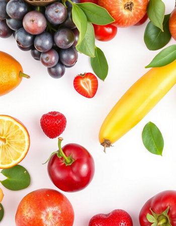 Fresh fruits and vegetables isolated on white background. Top view. Flat lay.の写真素材