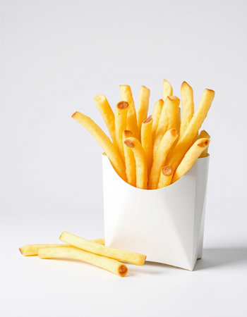 French fries in a white box on a white background, fast food