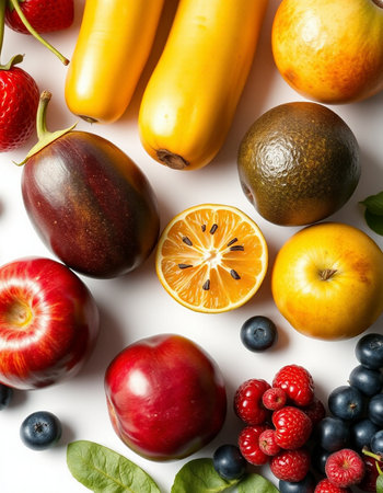 Fruit and berries on white background. Flat lay, top viewの写真素材
