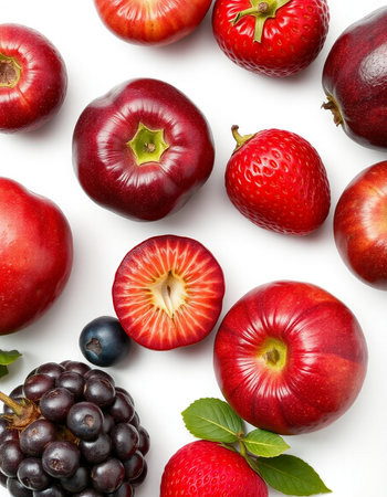 Composition of red apples, blackberries and strawberries on white background