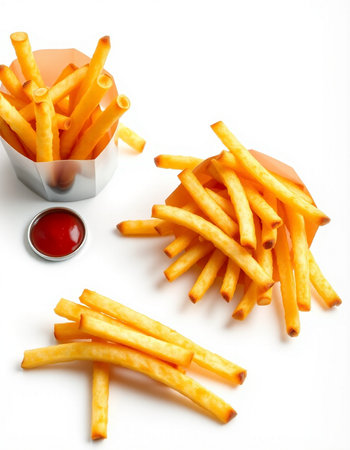 French fries with ketchup on white background. Selective focus.