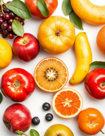 Fruits and vegetables isolated on white background. Flat lay, top viewの写真素材