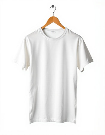 White t-shirt on a hanger on a white background.