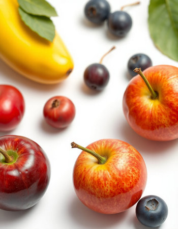 Apples, cherries, bananas and blueberries on white backgroundの写真素材