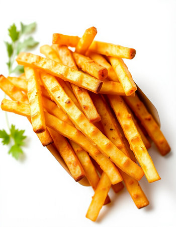 French fries with parsley on a white background. Selective focus.