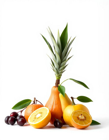 Pumpkin, orange, pear, apple, cherrycot on white backgroundの写真素材