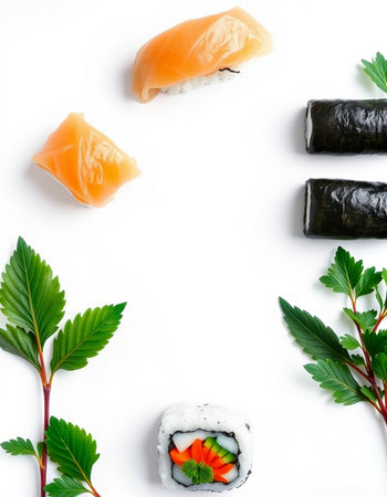 Sushi set with salmon, tuna, eel, caviar and green leaves isolated on white backgroundの写真素材