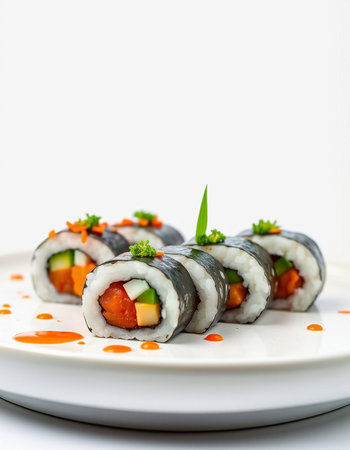 Sushi roll with salmon, cucumber and tomato on white backgroundの写真素材