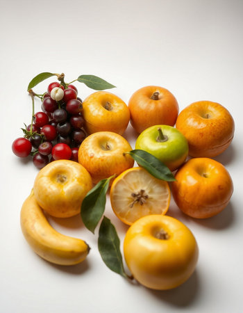 Fruits on a white background with space for text, top view