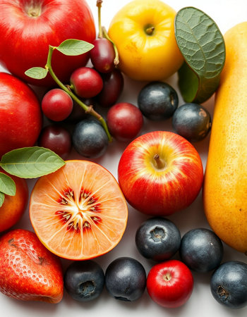 Fruits and berries on a white background. Close-up.