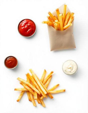 French fries with ketchup and mayonnaise on white background, top viewの写真素材