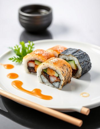 Sushi roll with salmon, cucumber and cream cheese on white plateの写真素材