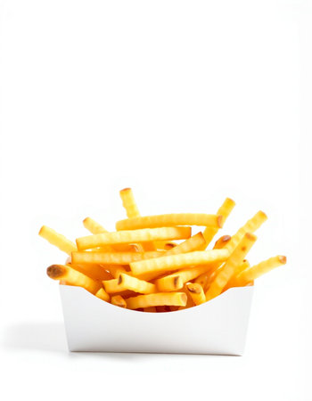 Golden French fries in a white box on a white background, isolatedの写真素材